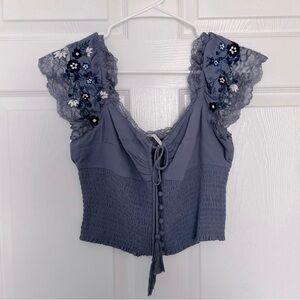 Free People Embroidered Lace Trim Top in Periwinkle